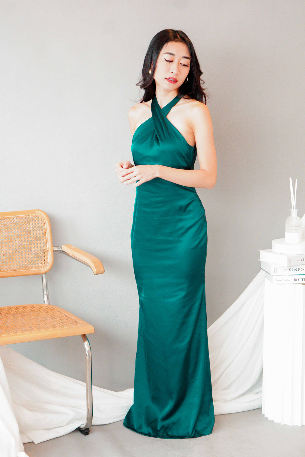 Tia Crossneck Satin Maxi Dress in Green