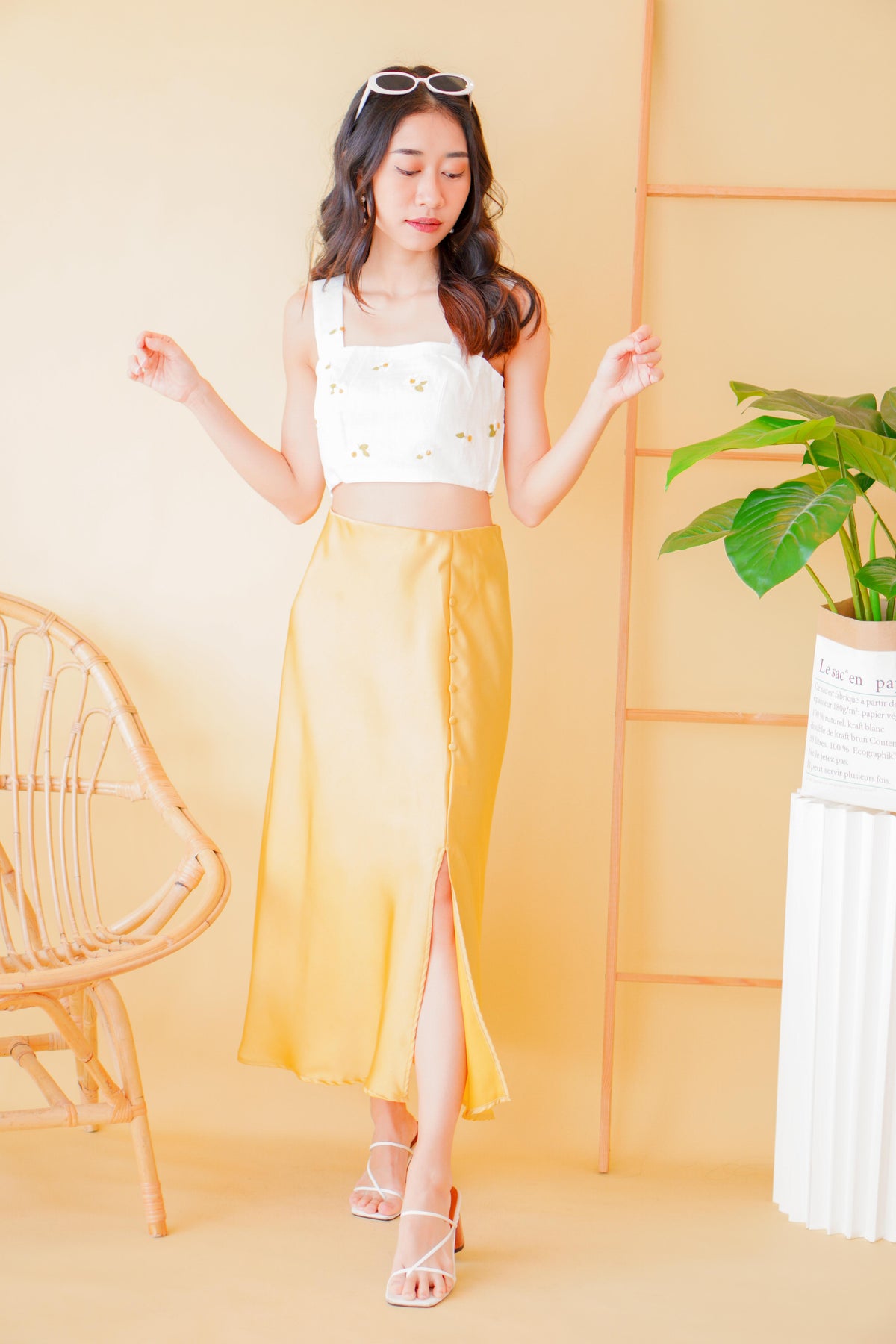 Dream Of Us Satin Slit Skirt in Yellow
