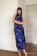 Tian Traditional Halter Cheongsam in Dark Blue