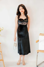 Taya Lace Velvet Midi Dress in Black