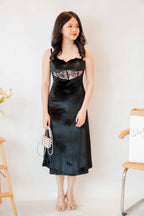 Taya Lace Velvet Midi Dress in Black