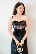 Taya Lace Velvet Midi Dress in Black