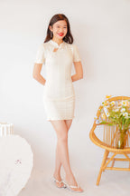Mi Short Ruched Bodycon Cheongsam in Cream