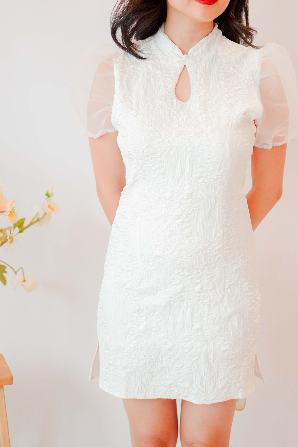 Clarisse Cheongsam Puffy Sleeves in White