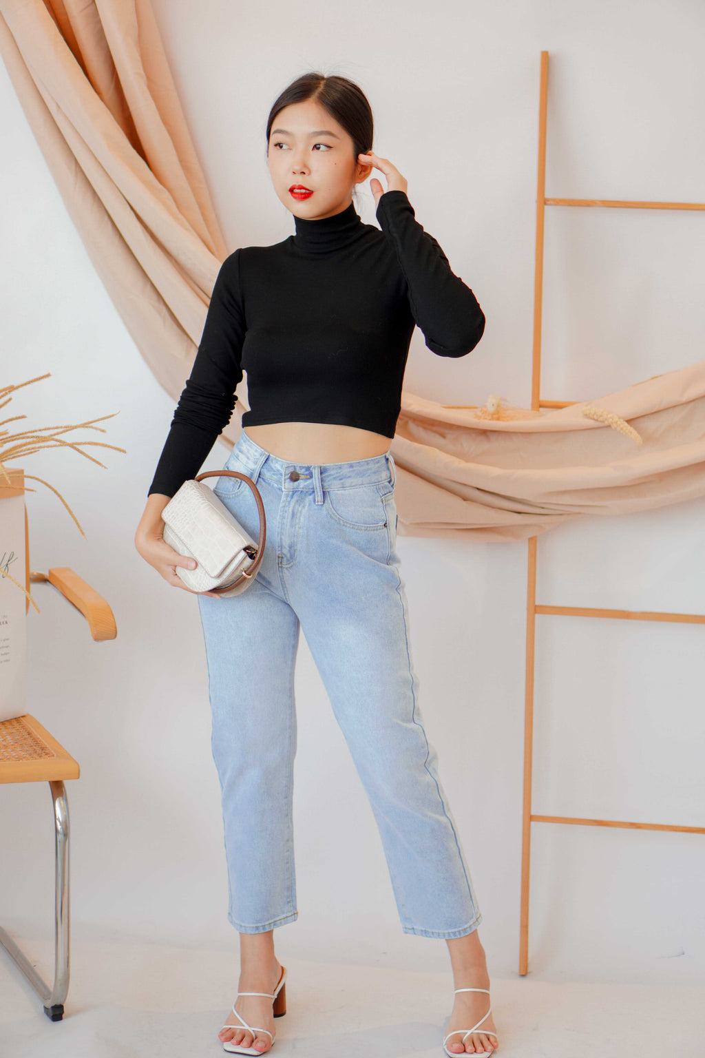 Bren High Neck Long Sleeve Top in Black