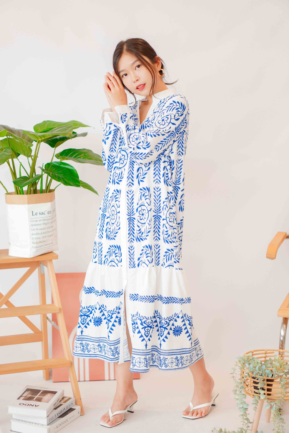 Ansel Bohemian Long Sleeve Button Dress in Blue