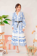 Ansel Bohemian Long Sleeve Button Dress in Blue