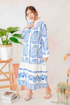 Ansel Bohemian Long Sleeve Button Dress in Blue