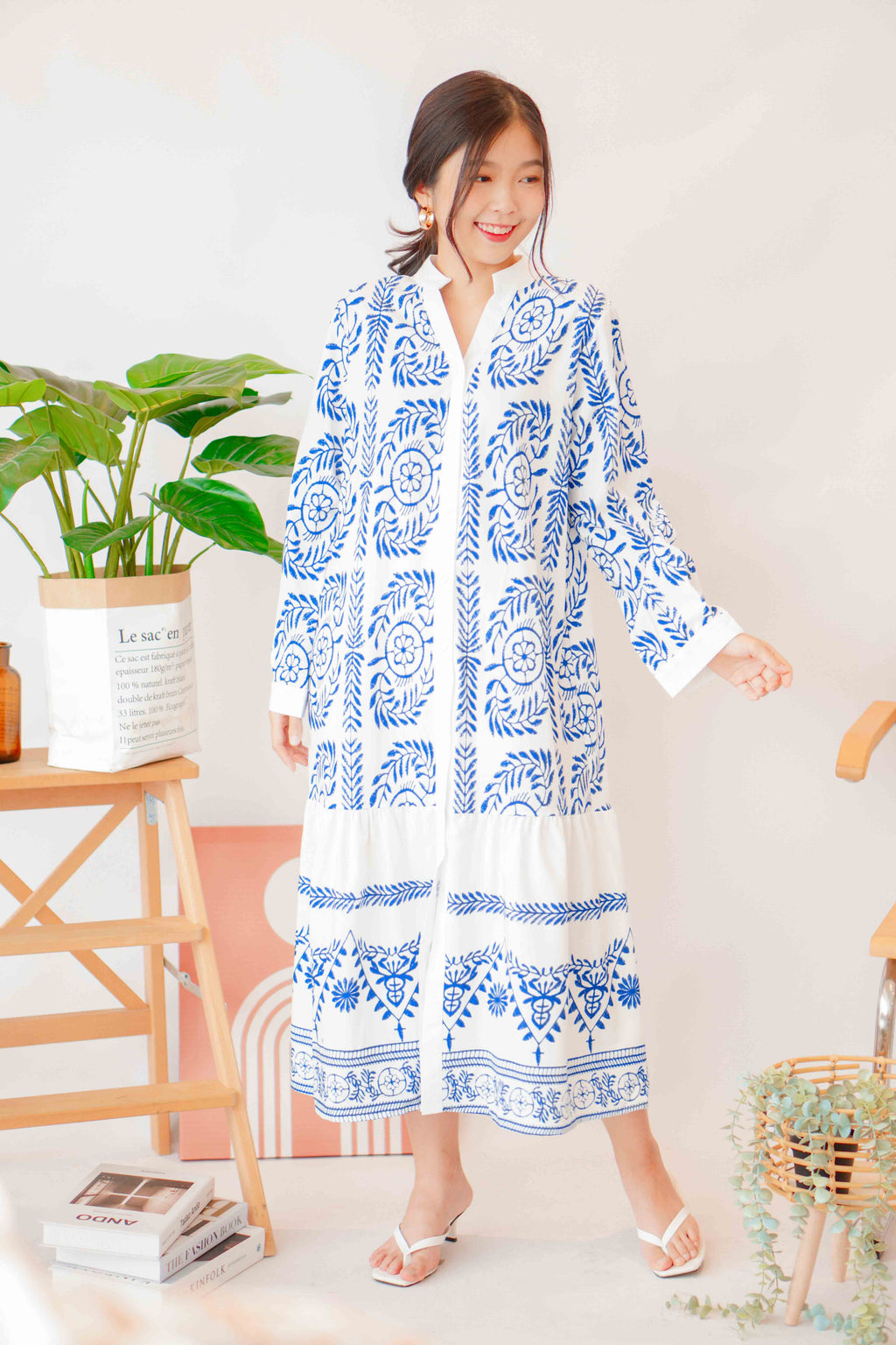 Ansel Bohemian Long Sleeve Button Dress in Blue