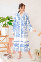 Ansel Bohemian Long Sleeve Button Dress in Blue