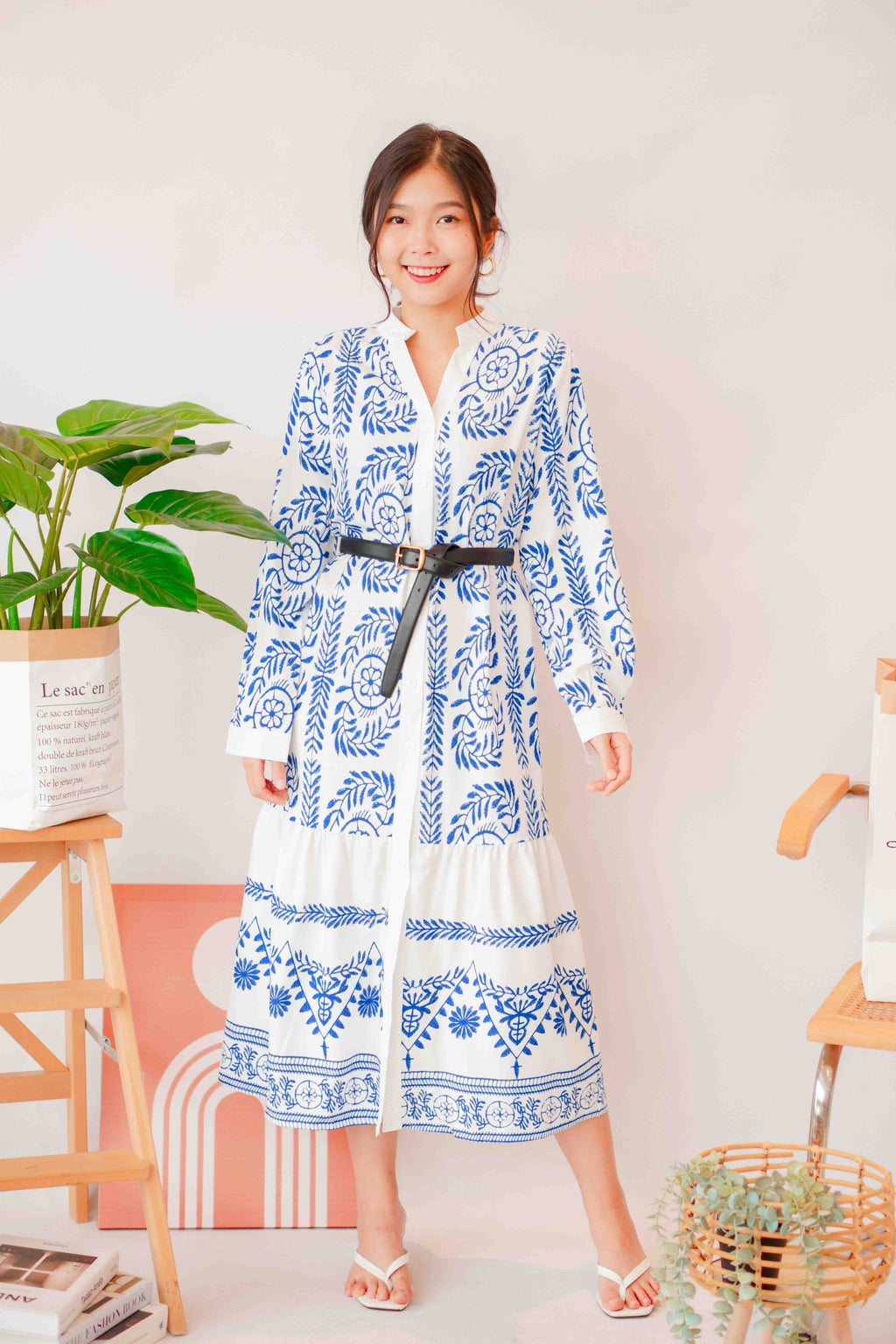 Ansel Bohemian Long Sleeve Button Dress in Blue