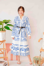 Ansel Bohemian Long Sleeve Button Dress in Blue