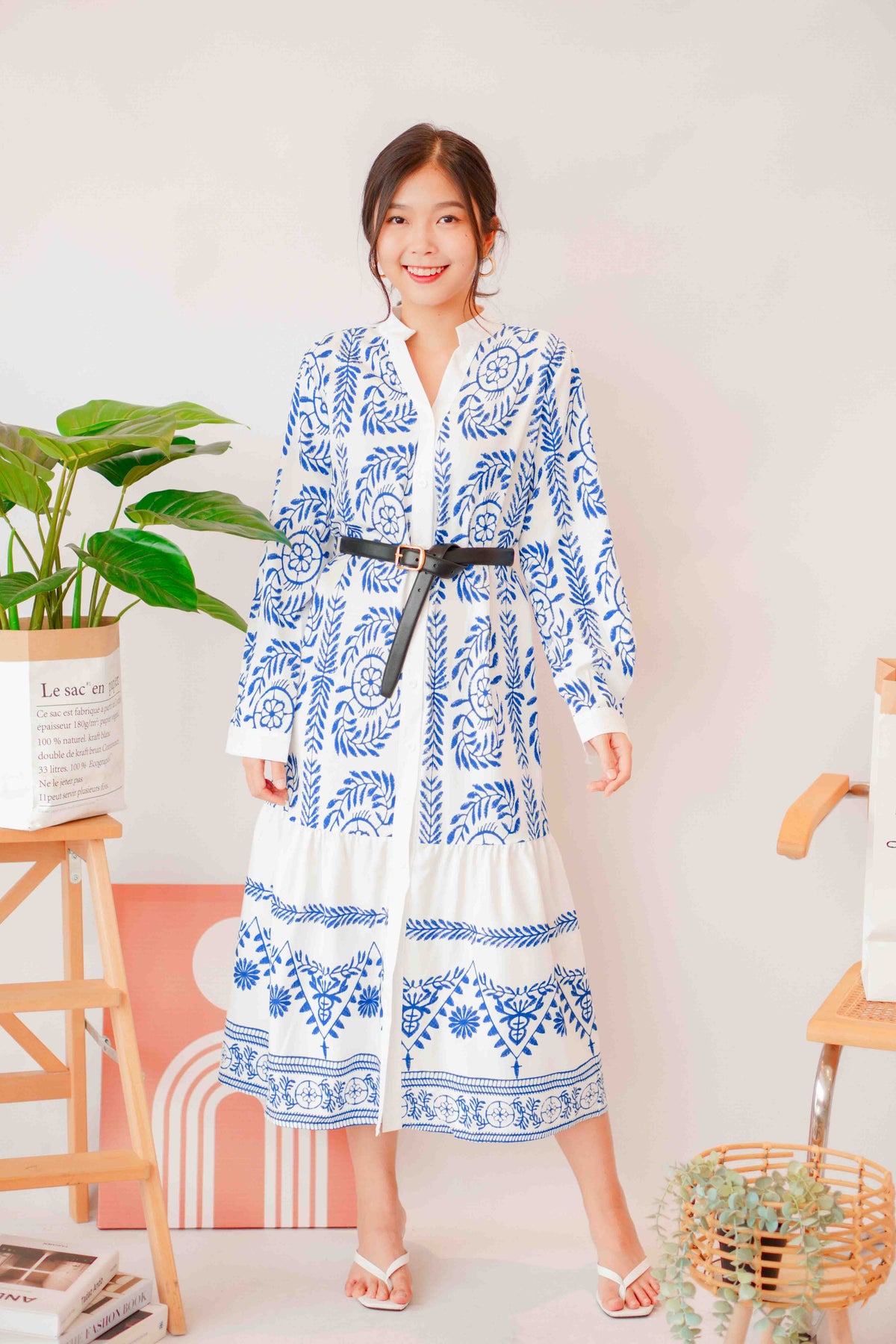 Ansel Bohemian Long Sleeve Button Dress in Blue