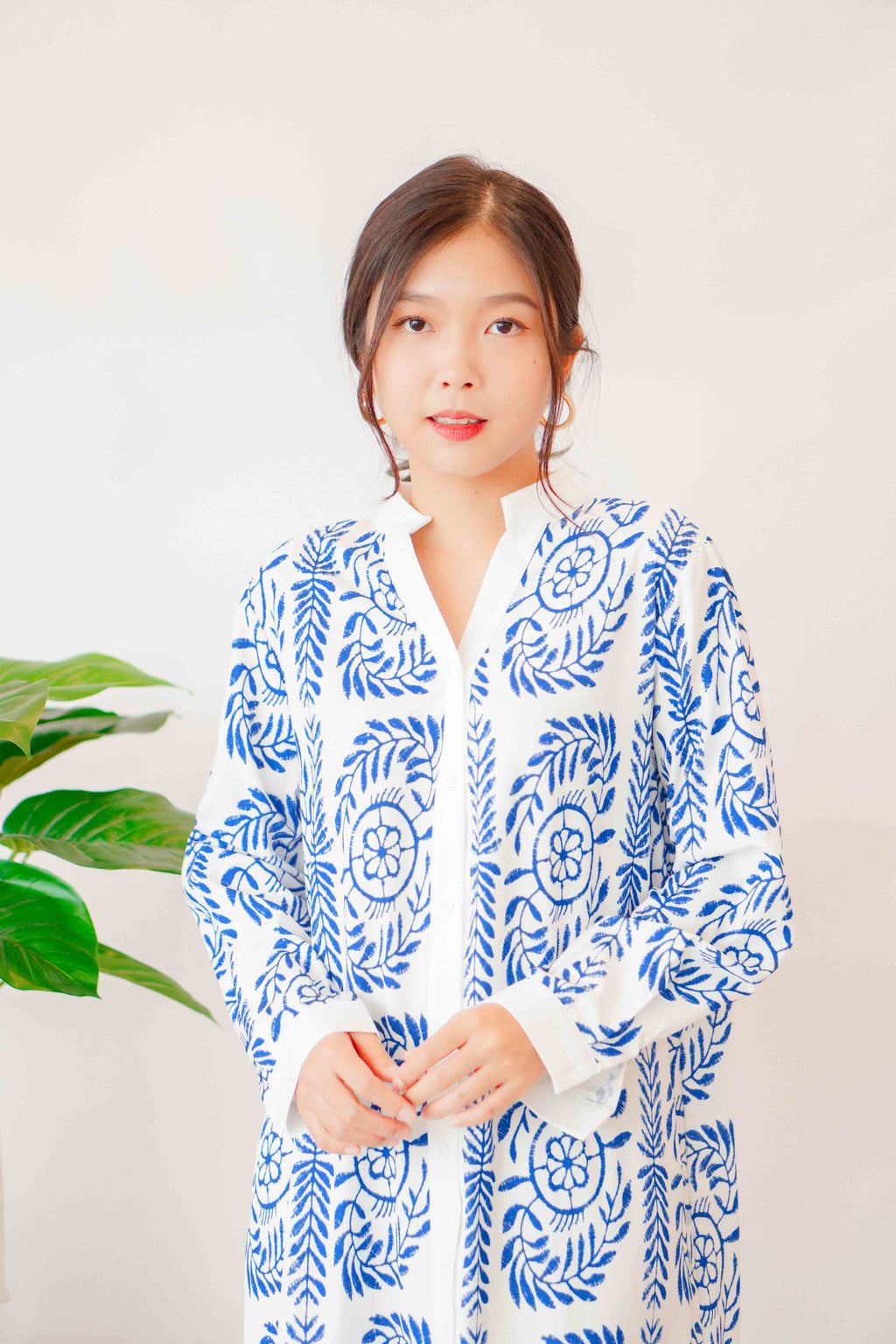 Ansel Bohemian Long Sleeve Button Dress in Blue