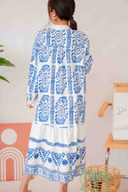 Ansel Bohemian Long Sleeve Button Dress in Blue