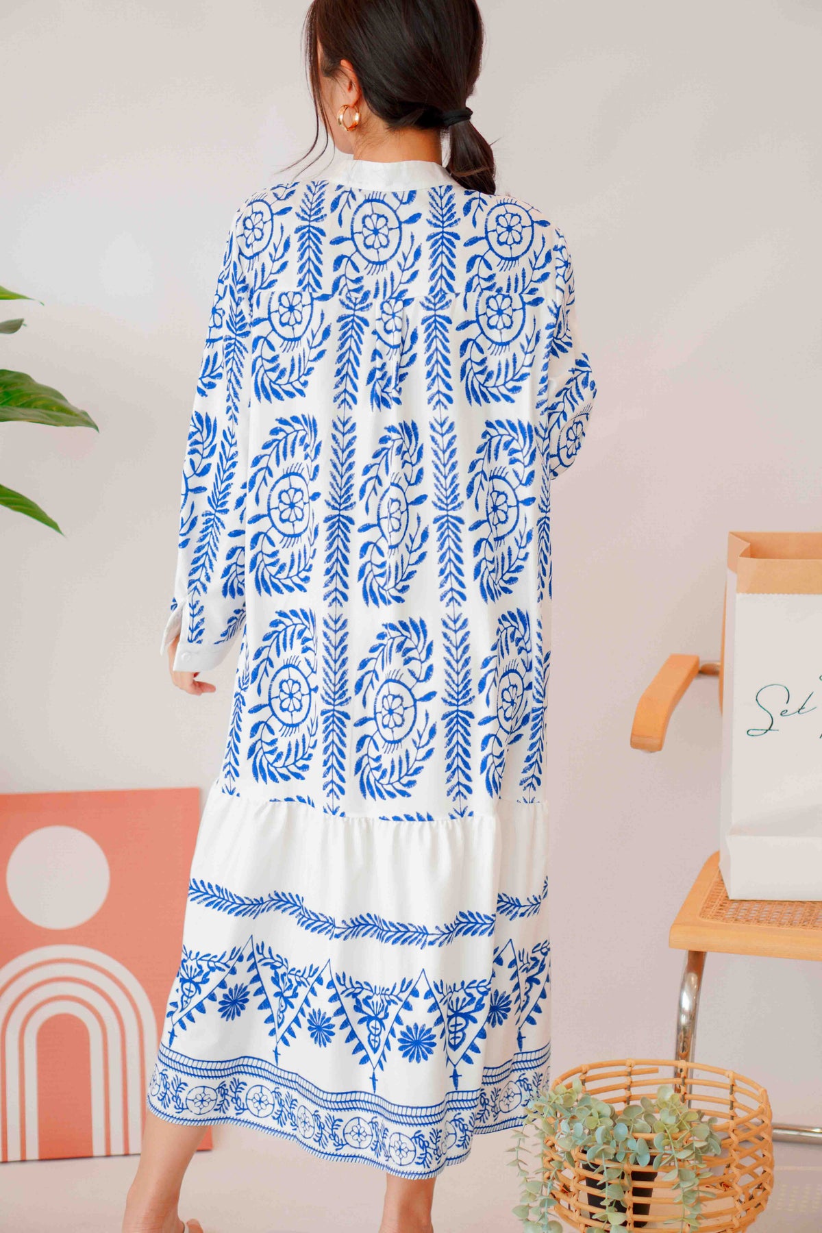 Ansel Bohemian Long Sleeve Button Dress in Blue