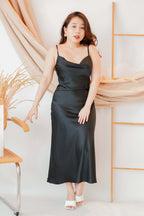 Scarlette Cowl Neck Satin Slip Dress in Black