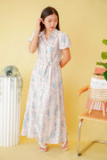 La Savoir Collar Floral Puffy Sleeves Dress in Pink