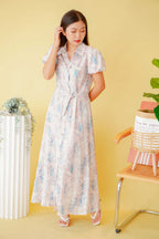 La Savoir Collar Floral Puffy Sleeves Dress in Pink