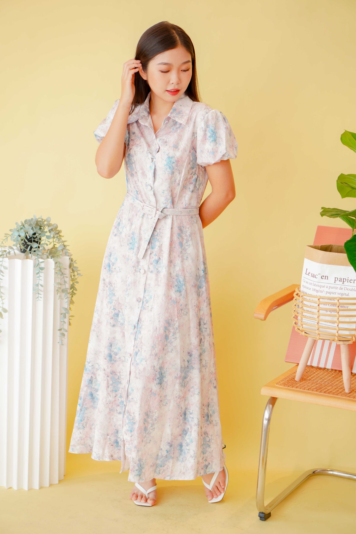 La Savoir Collar Floral Puffy Sleeves Dress in Pink