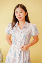 La Savoir Collar Floral Puffy Sleeves Dress in Pink