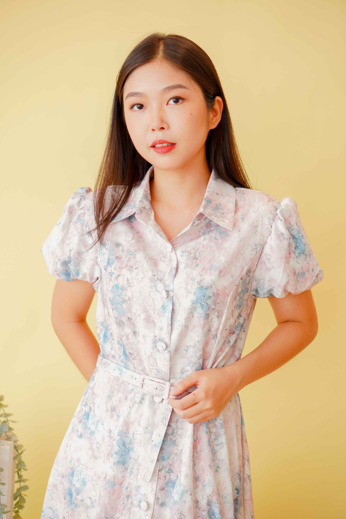 La Savoir Collar Floral Puffy Sleeves Dress in Pink