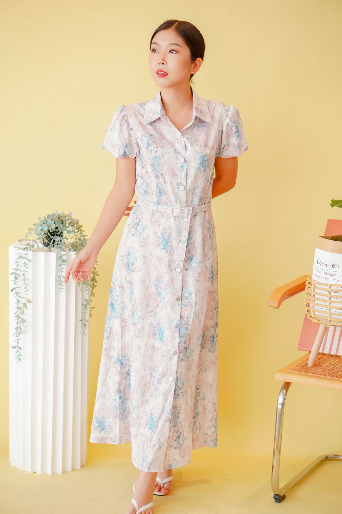 La Savoir Collar Floral Puffy Sleeves Dress in Pink