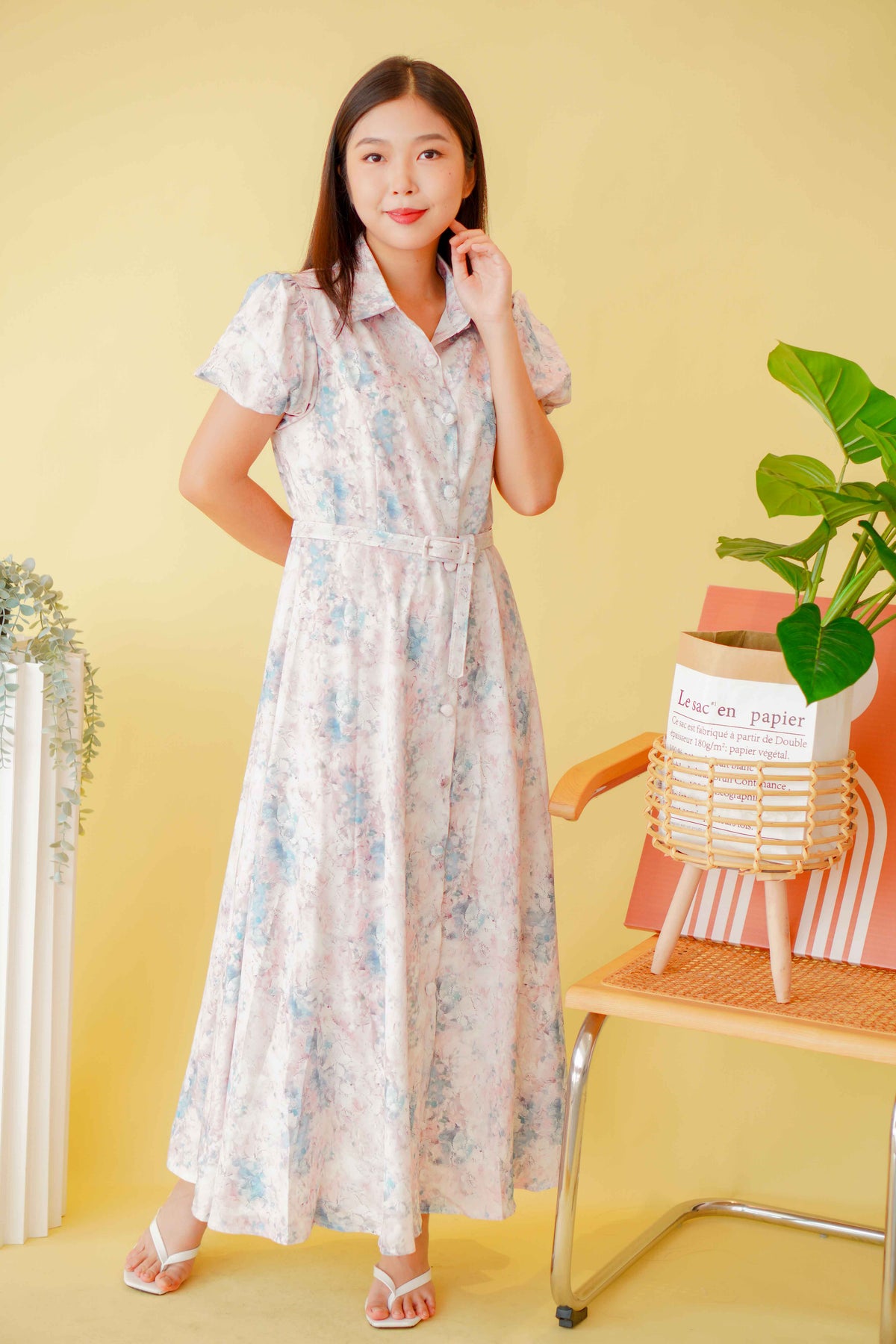La Savoir Collar Floral Puffy Sleeves Dress in Pink