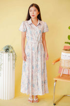 La Savoir Collar Floral Puffy Sleeves Dress in Pink