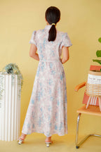 La Savoir Collar Floral Puffy Sleeves Dress in Pink
