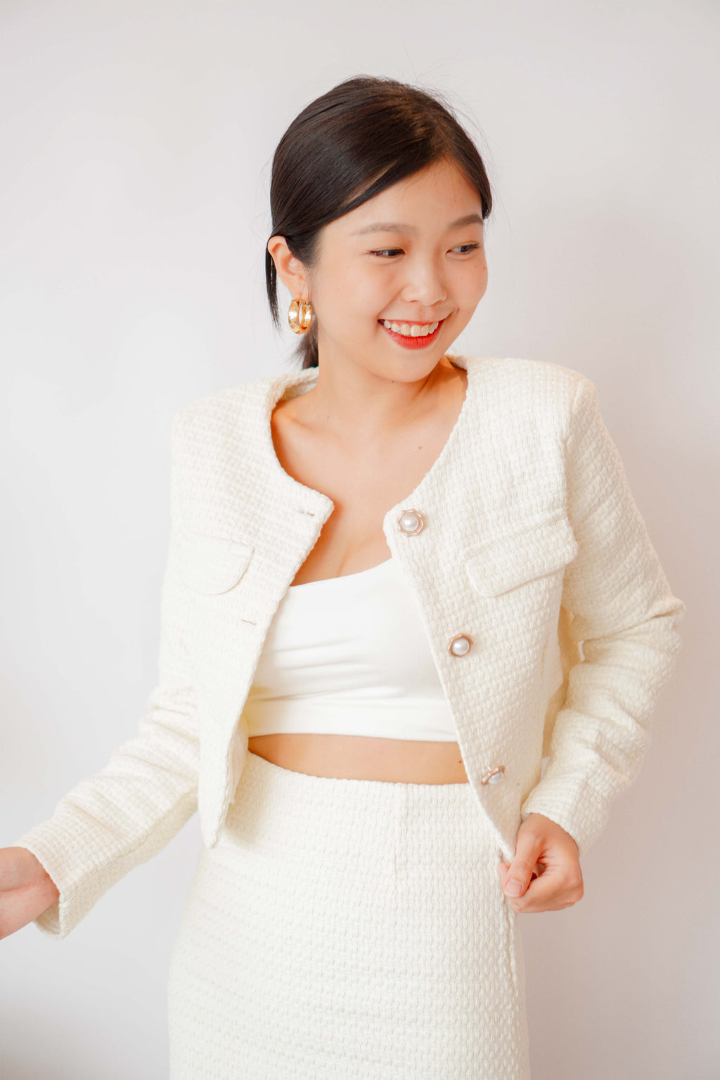 Emma Tweed Jacket Top in Cream White