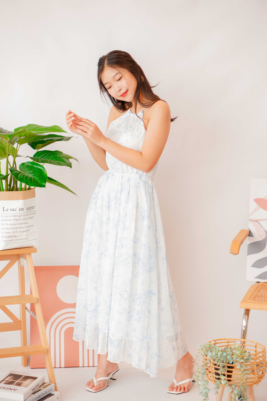 Blue Orchid Floral High Neck Halter Dress in White