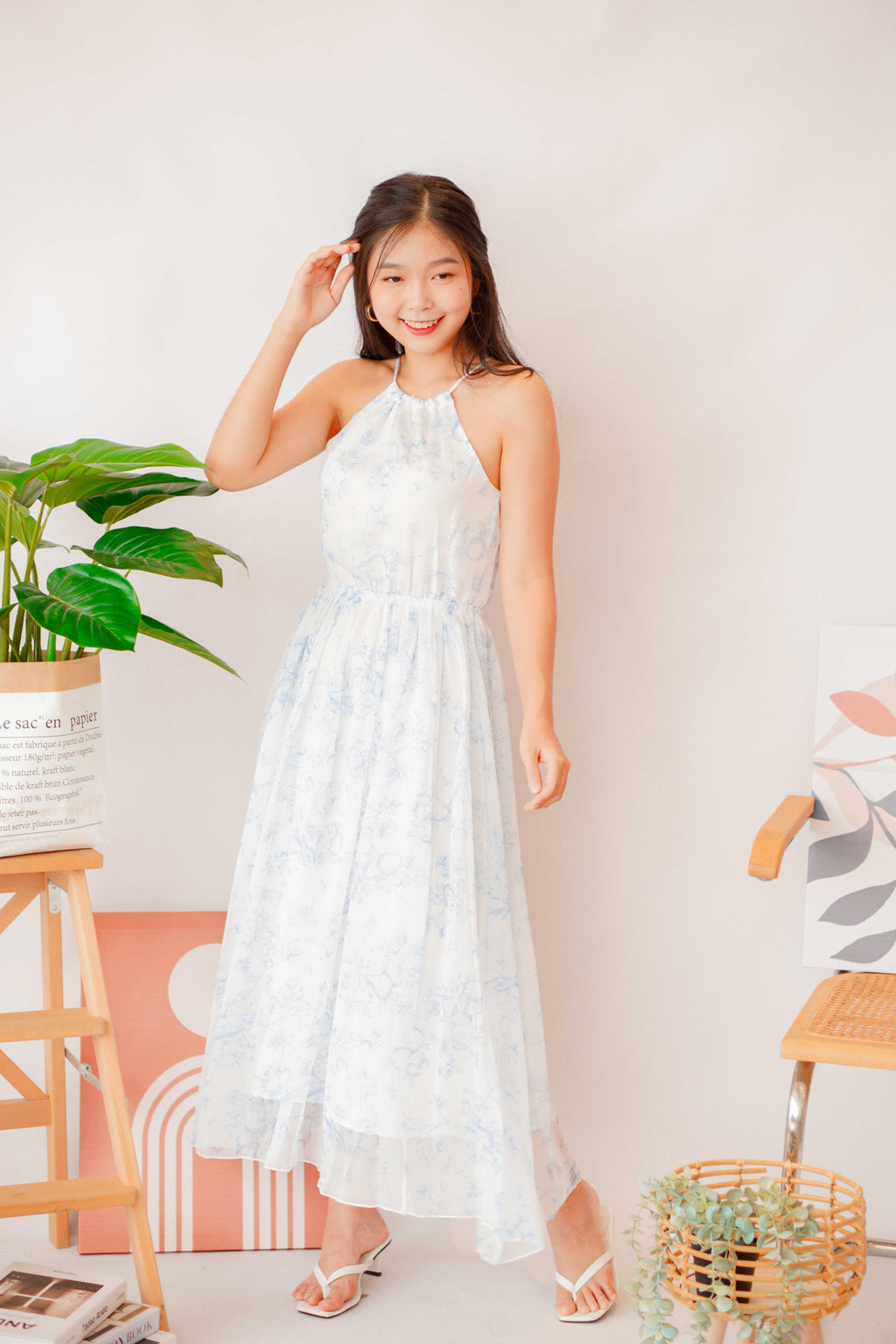 Blue Orchid Floral High Neck Halter Dress in White