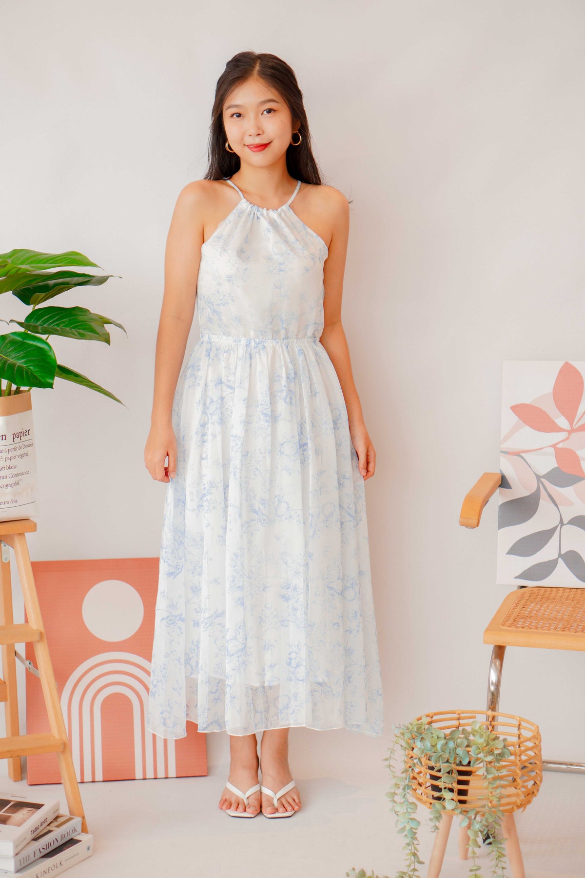 Blue Orchid Floral High Neck Halter Dress in White