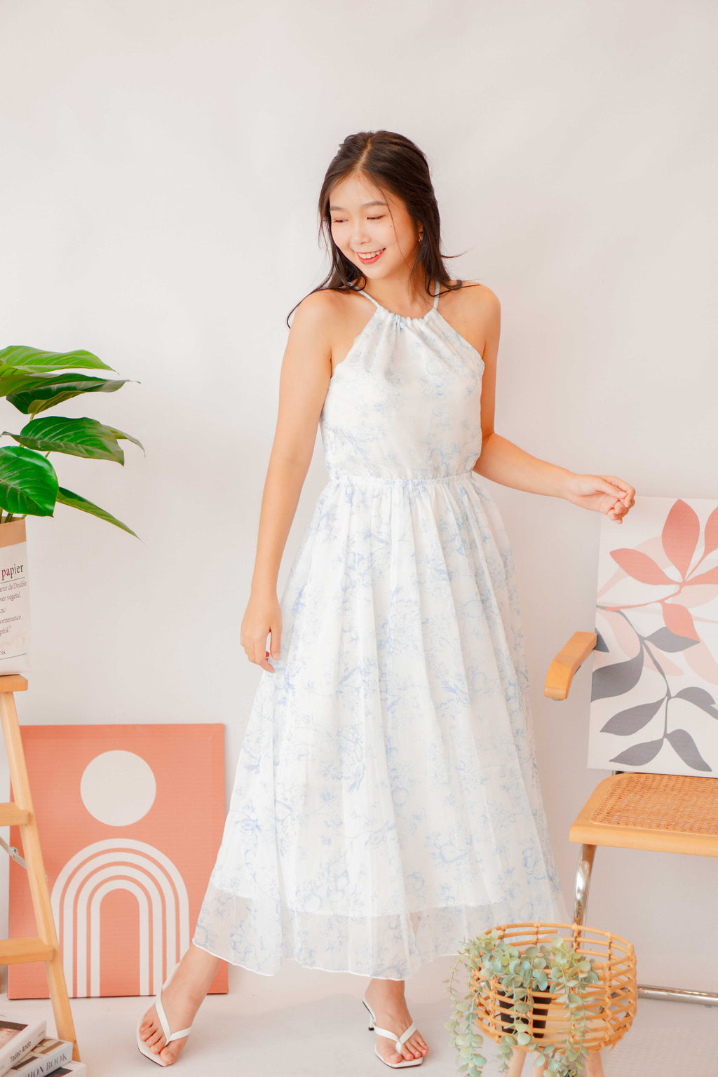 Blue Orchid Floral High Neck Halter Dress in White