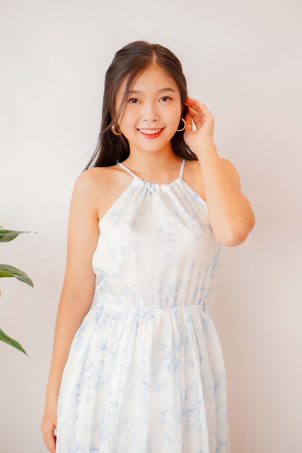 Blue Orchid Floral High Neck Halter Dress in White