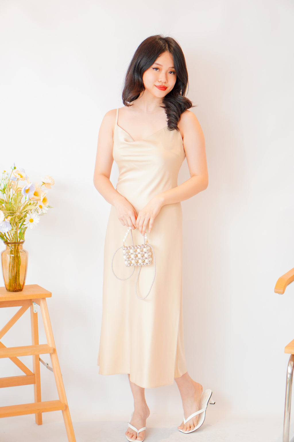Scarlette Cowl Neck Satin Slip Dress in Gold