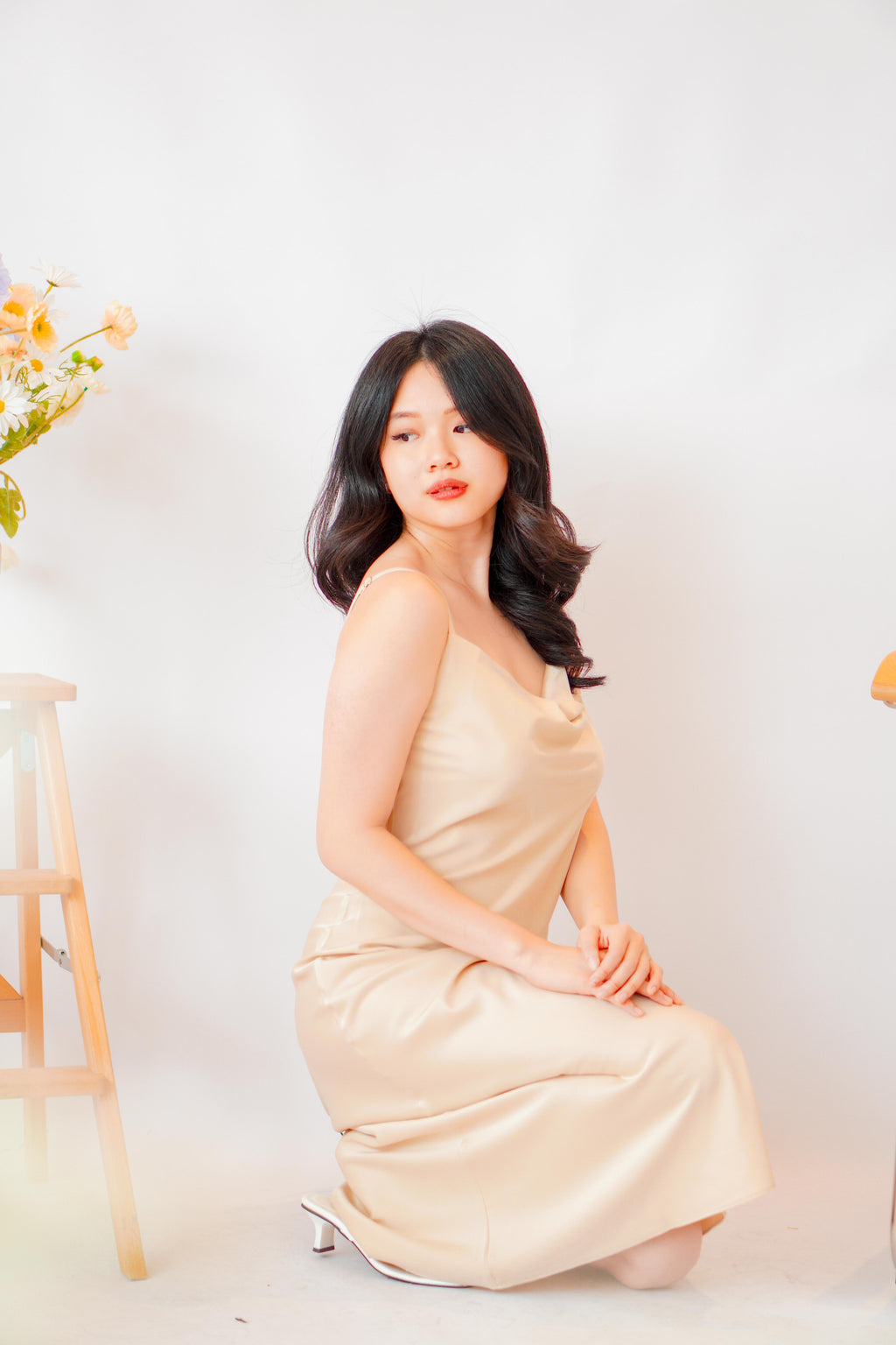Scarlette Cowl Neck Satin Slip Dress in Gold