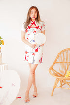 Li Short Floral Cheongsam in White with Red Lining