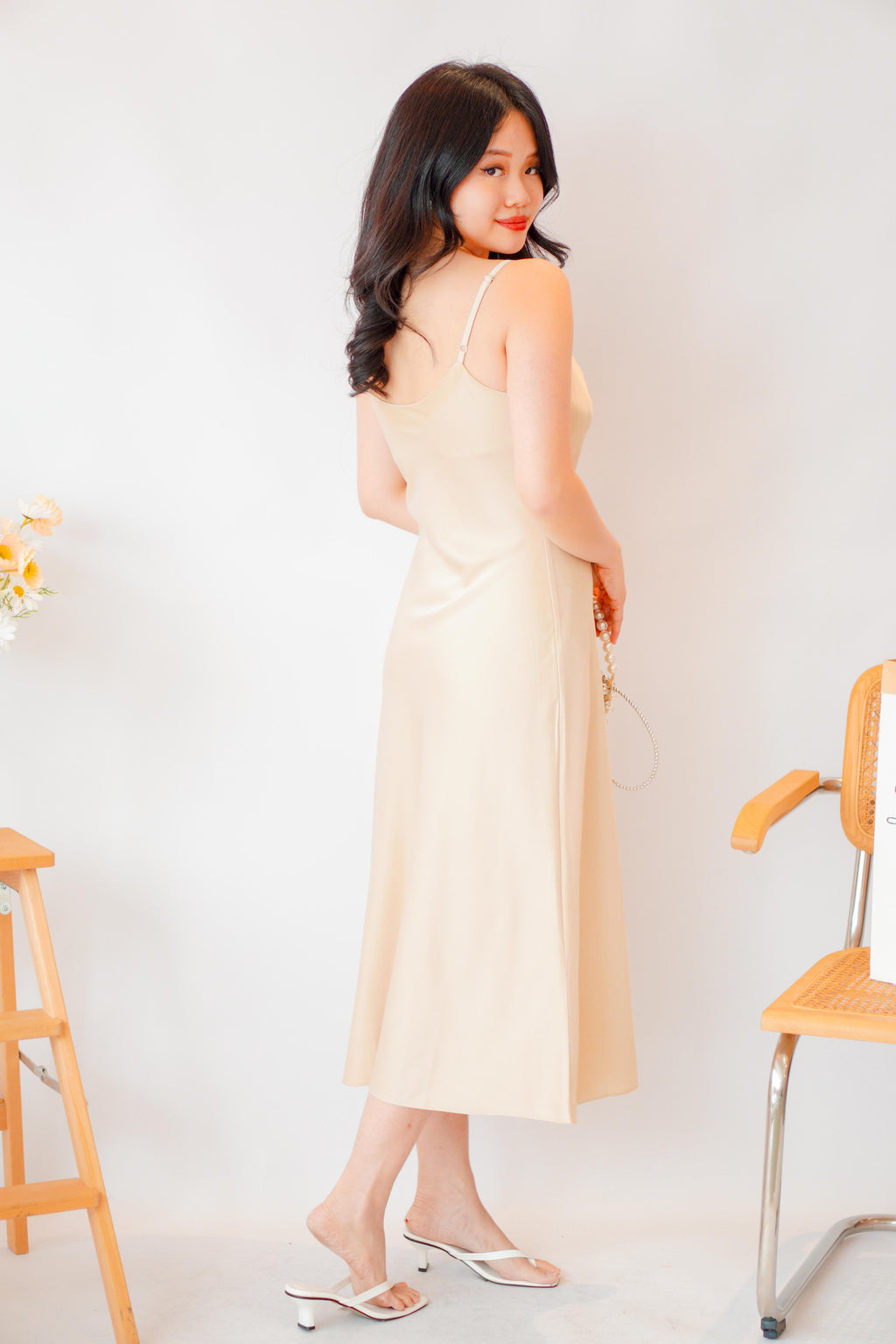 Scarlette Cowl Neck Satin Slip Dress in Gold
