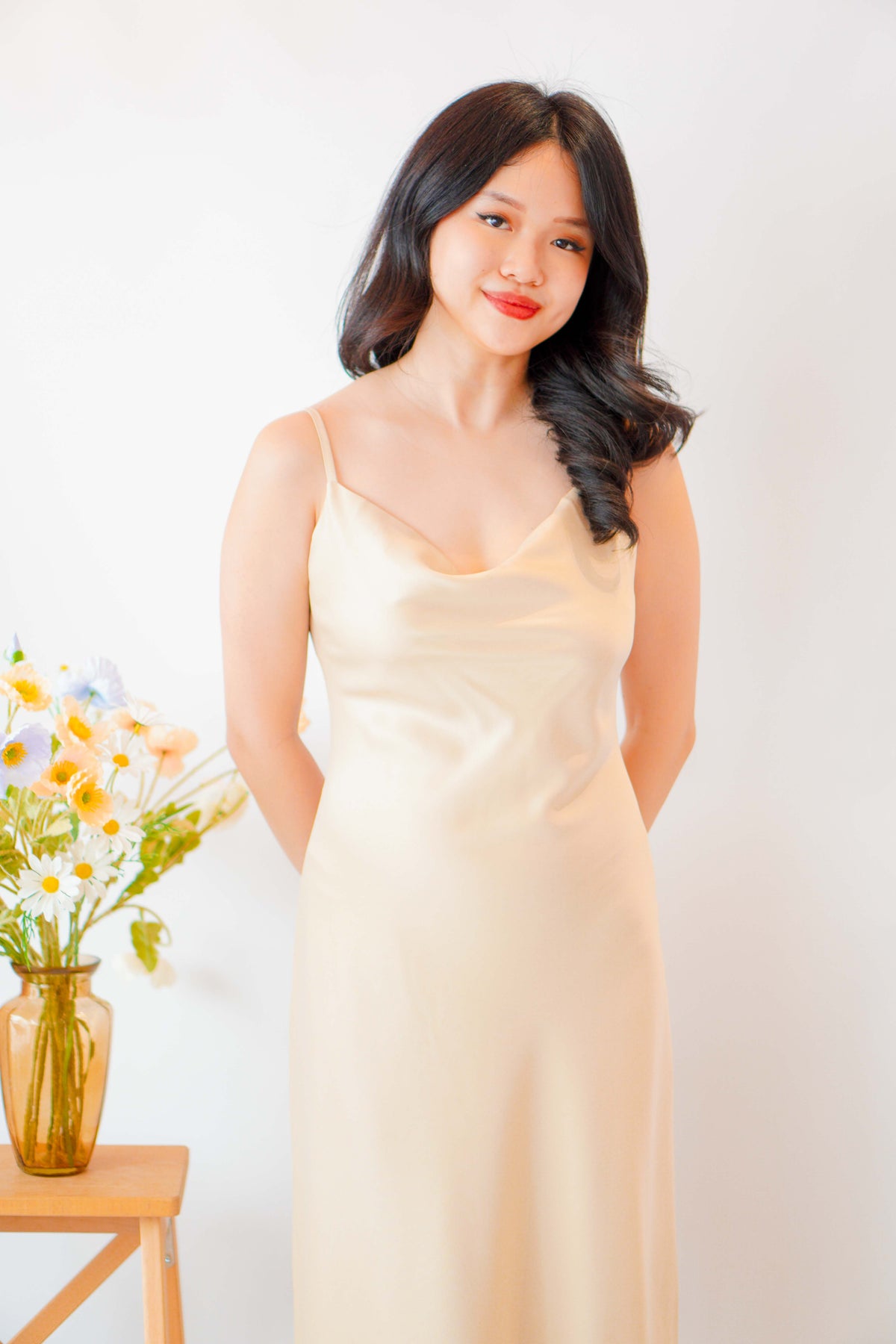 Scarlette Cowl Neck Satin Slip Dress in Gold