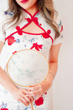 Li Short Floral Cheongsam in White with Red Lining