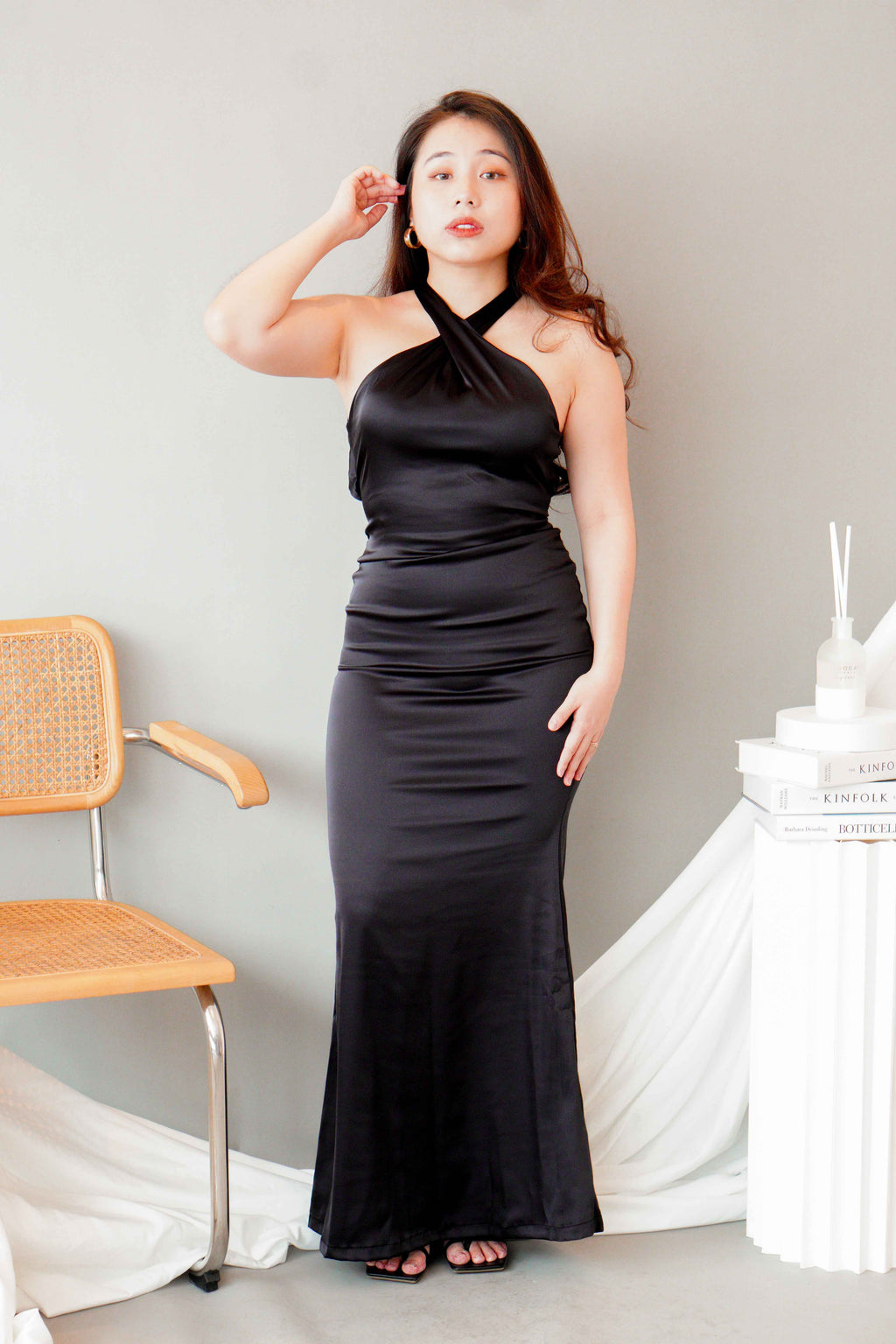 Tia Crossneck Satin Maxi Dress in Black