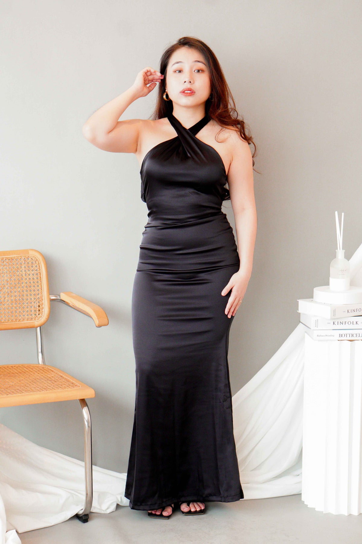Tia Crossneck Satin Maxi Dress in Black