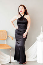 Tia Crossneck Satin Maxi Dress in Black