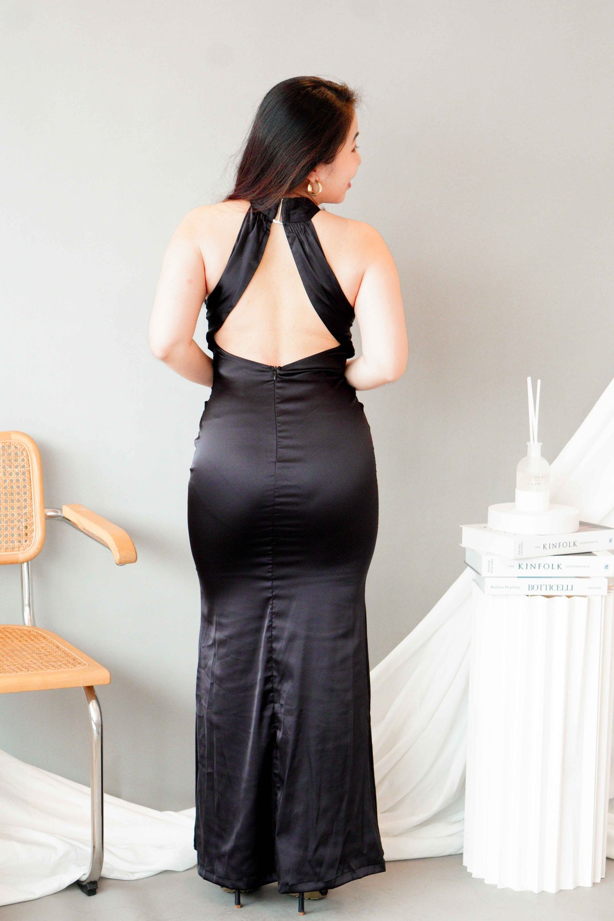 Tia Crossneck Satin Maxi Dress in Black