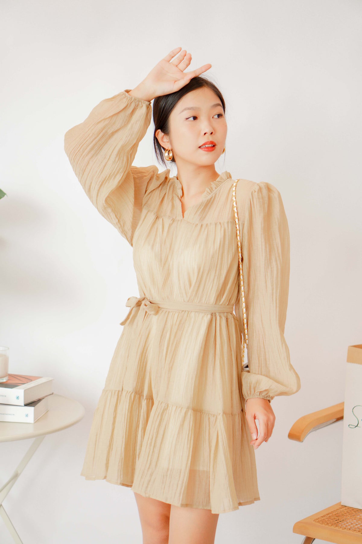 Alea Puffy Dress with Sash in Khaki