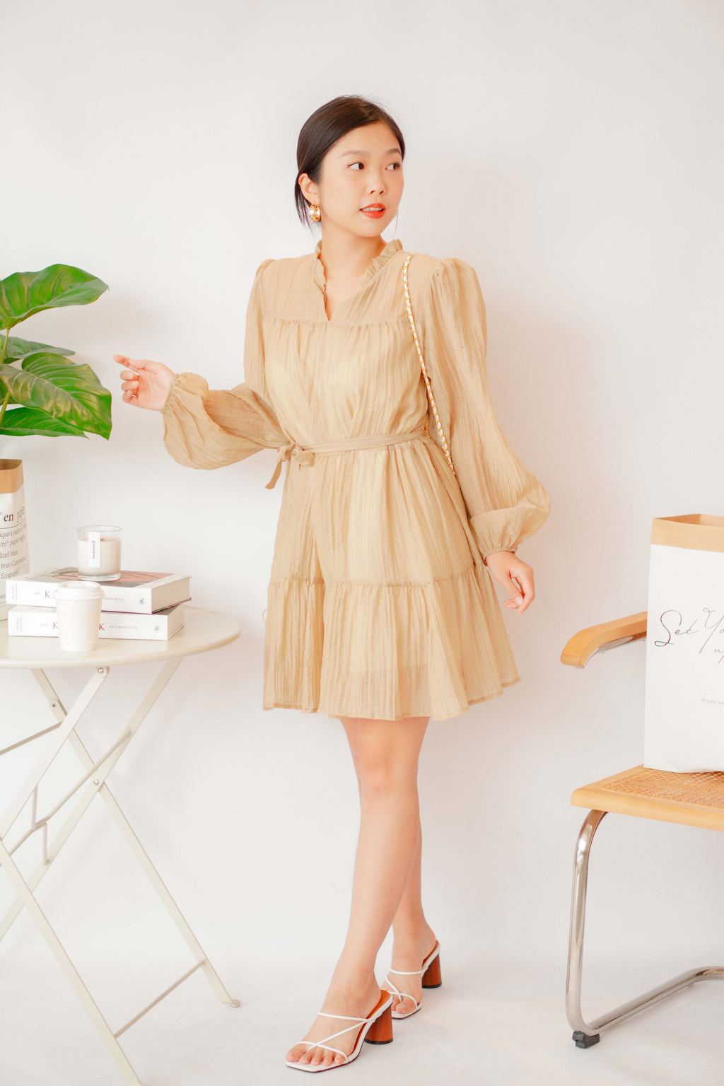 Alea Puffy Dress with Sash in Khaki