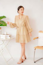 Alea Puffy Dress with Sash in Khaki