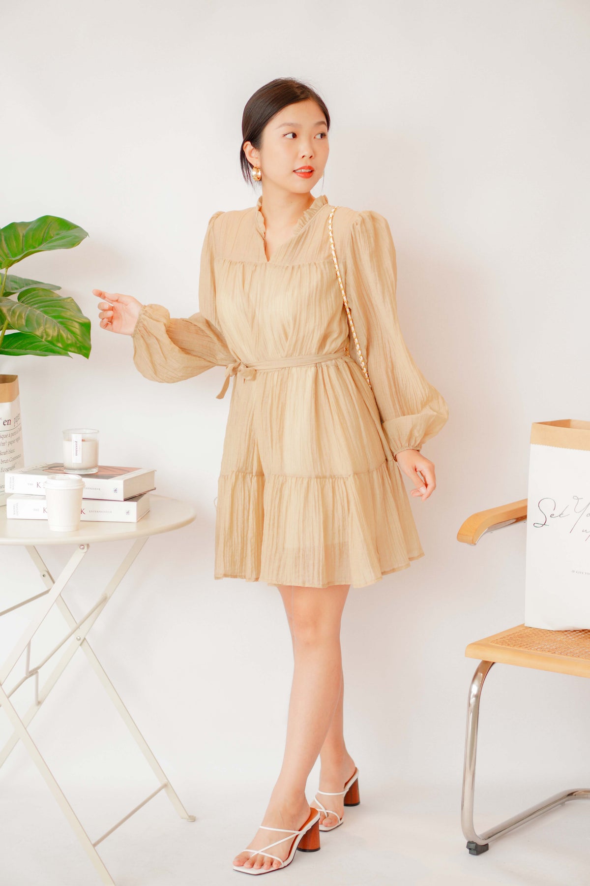 Alea Puffy Dress with Sash in Khaki